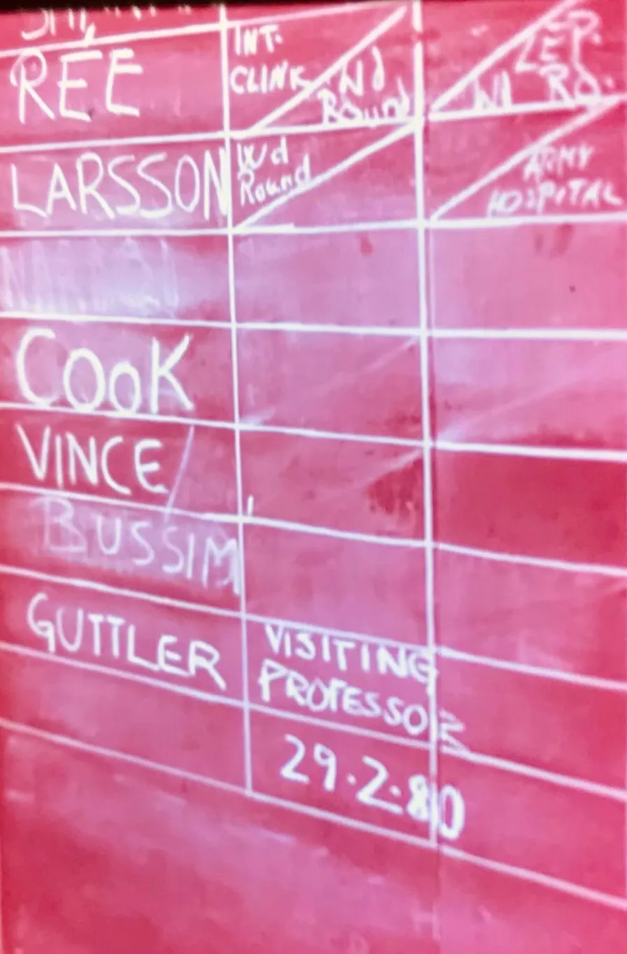 Hospital schedule board listing Guttler as visiting professor on February 29, 1980.