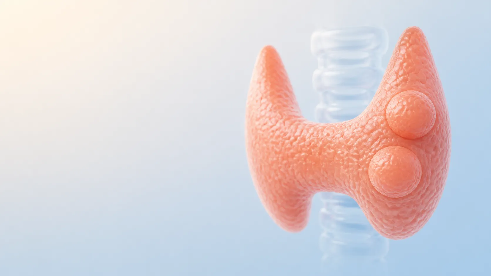 Stylized illustration of a thyroid gland in coral with two rounded nodules on the right lobe, set against the trachea in translucent blue.